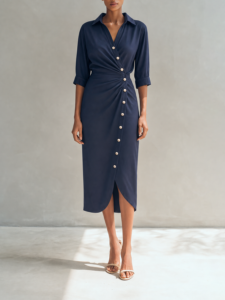 Women's Elegant Navy Blue Collared Half Sleeve Ruched Waist Pearl Button Wrap Midi Shirt Dress MDZ1538G4ZSQ
