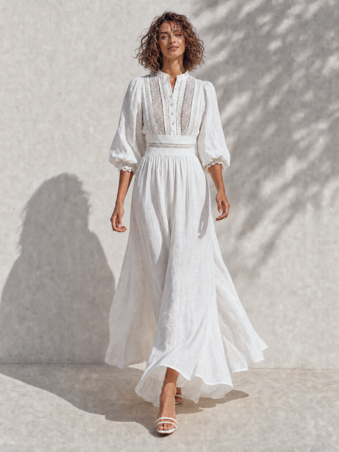Women's Resort-Style White Stand-Collar Bishop-Sleeve Lace-Cutout-Paneled Cinched-Waist Linen Maxi Dress MDZ1502G4CMX