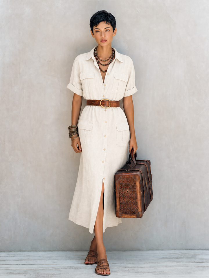 Women's Safari Style Natural Linen Blend Collared Short Sleeve Button-Front Belted Utility Midi Shirt Dress MDZ1597G0ZSQ