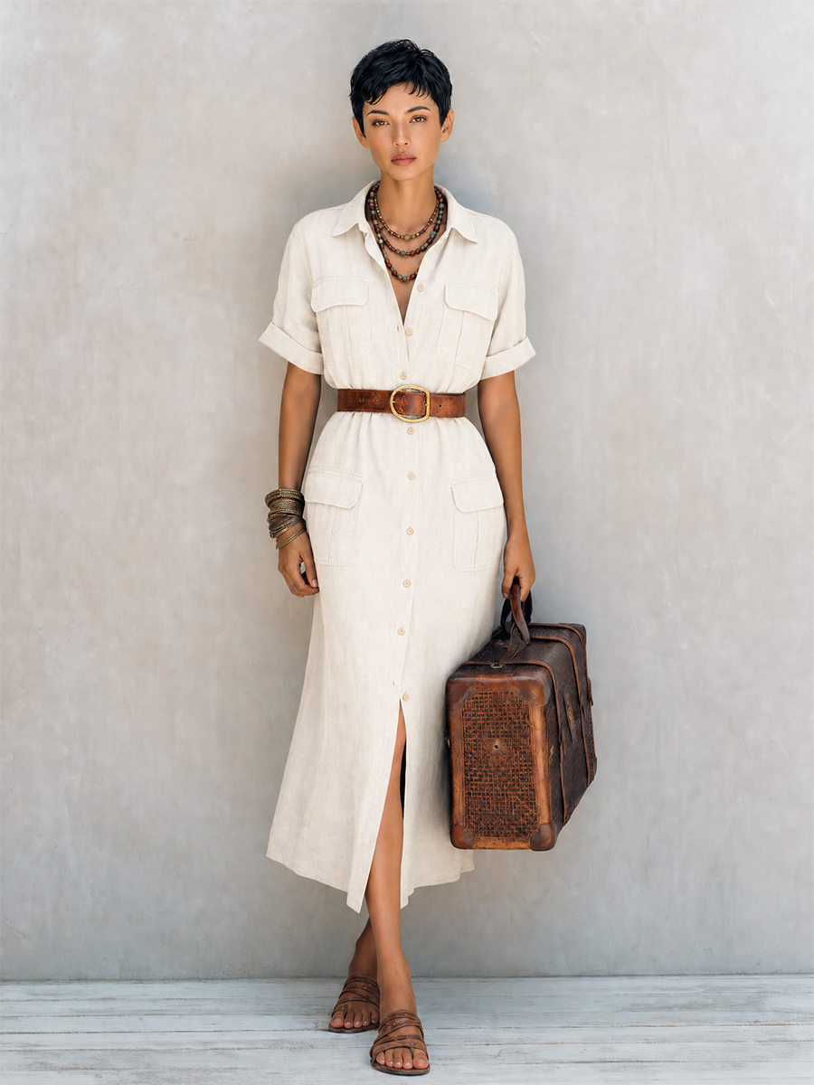 Women's Safari Style Natural Linen Blend Collared Short Sleeve Button-Front Belted Utility Midi Shirt Dress MDZ1597G0ZSQ