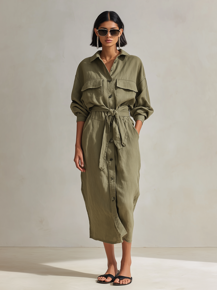 Women's Utility Style Olive Green Linen Blend Collared Long Sleeve Belted Button-Front Patch Pocket Midi Shirt Dress MDZ1569G6ZSQ