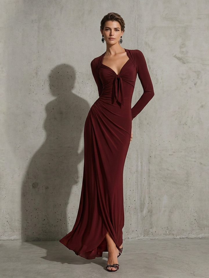 Women's Burgundy Soft Jersey Maxi Dress With Front Tie V Neck & Draped Wrap Skirt, Sexy Bodycon Evening Floor Length Gown MDZ1544G2LYL