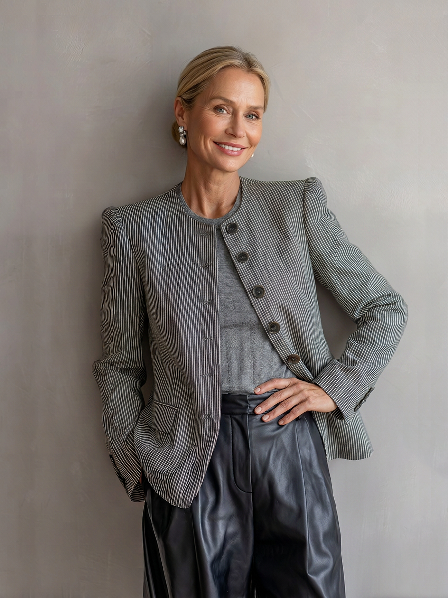 Women's Grey White Striped Woven Blazer With Standless Crew Neck & Cuff Button Accents, Minimalist Vintage Office Long Sleeve Jacket MDZ1552G7LYL