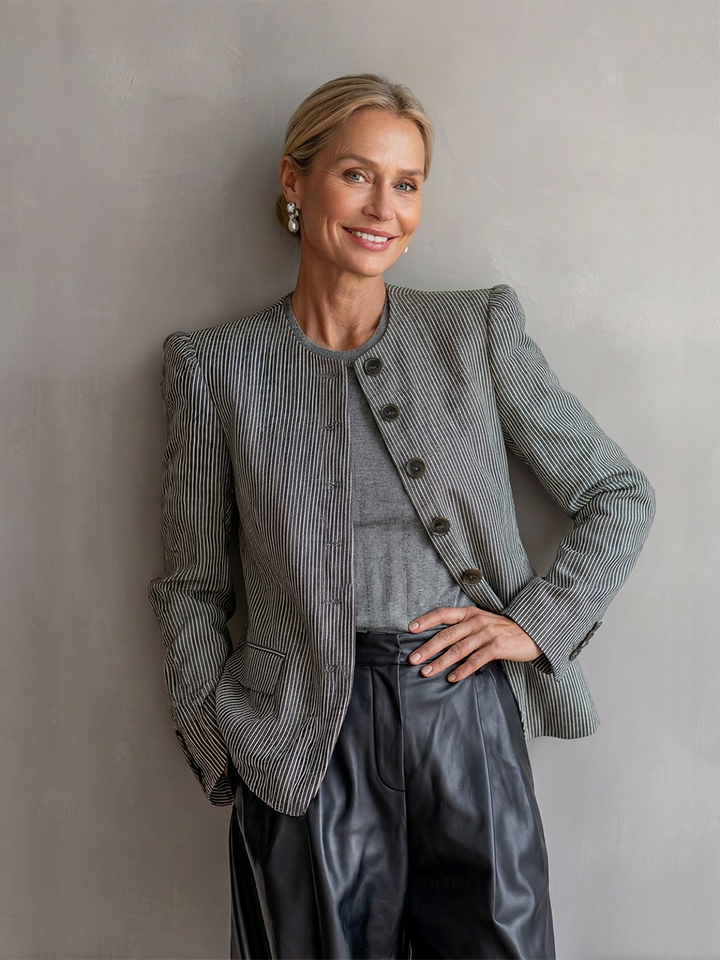 Women's Grey White Striped Woven Blazer With Standless Crew Neck & Cuff Button Accents, Minimalist Vintage Office Long Sleeve Jacket MDZ1552G7LYL