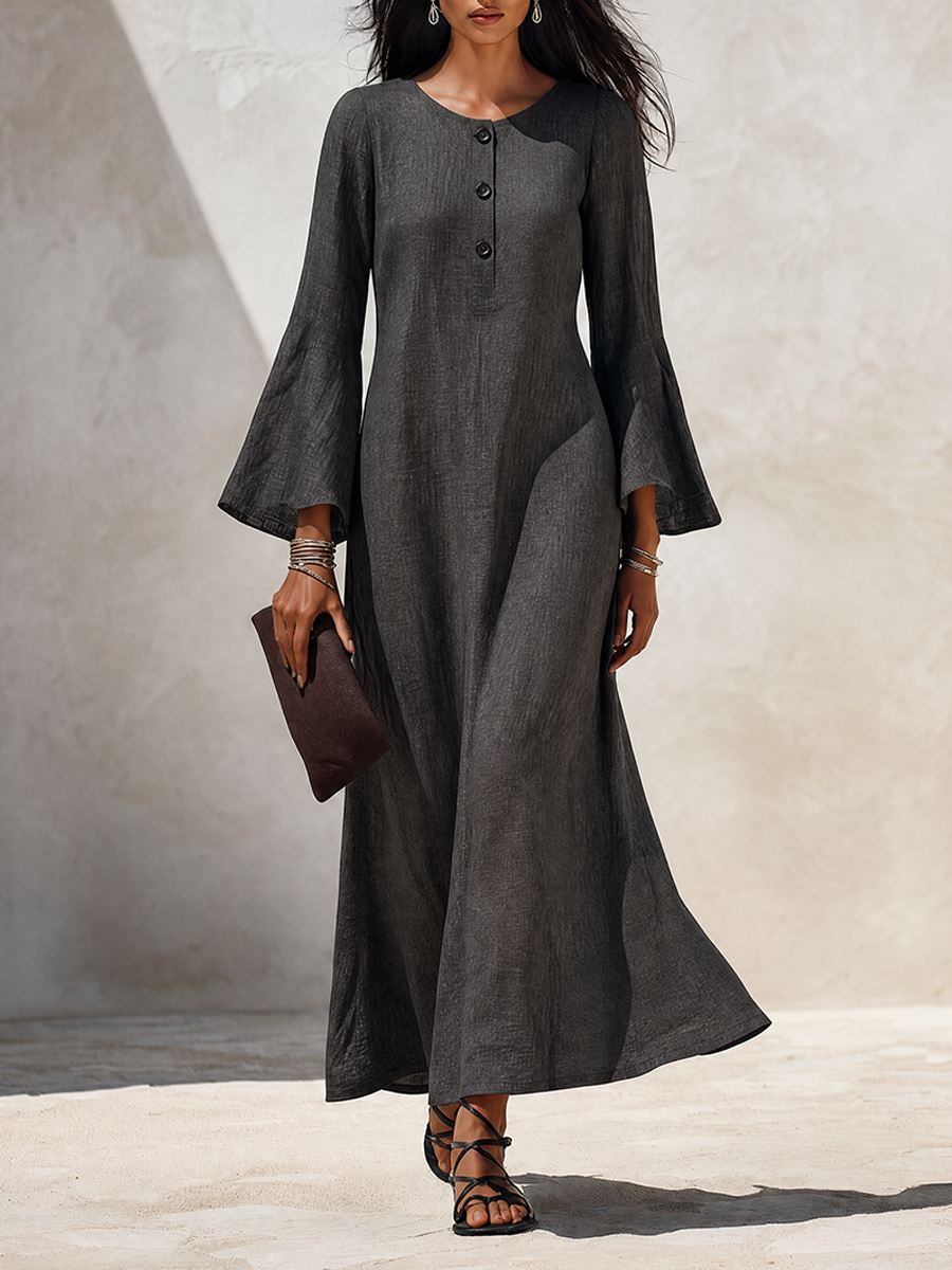 Women's Minimalist Solid‑Dark‑Grey Linen‑Blend Flared‑Sleeve Maxi Dress MDZ1593G8ZRK