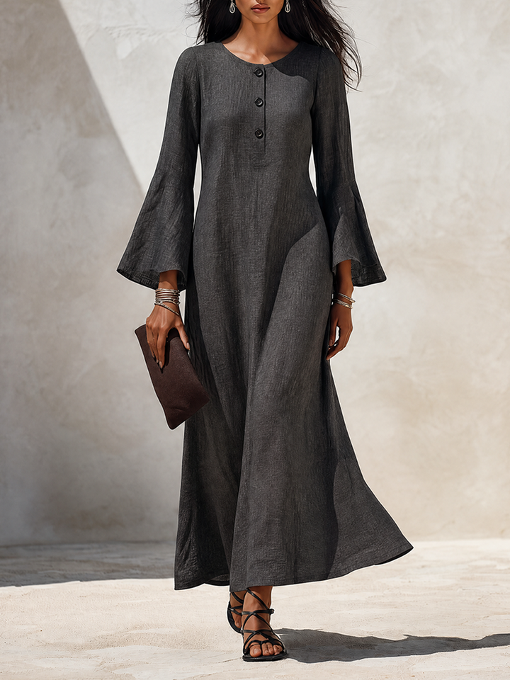 Women's Minimalist Solid‑Dark‑Grey Linen‑Blend Flared‑Sleeve Maxi Dress MDZ1593G8ZRK