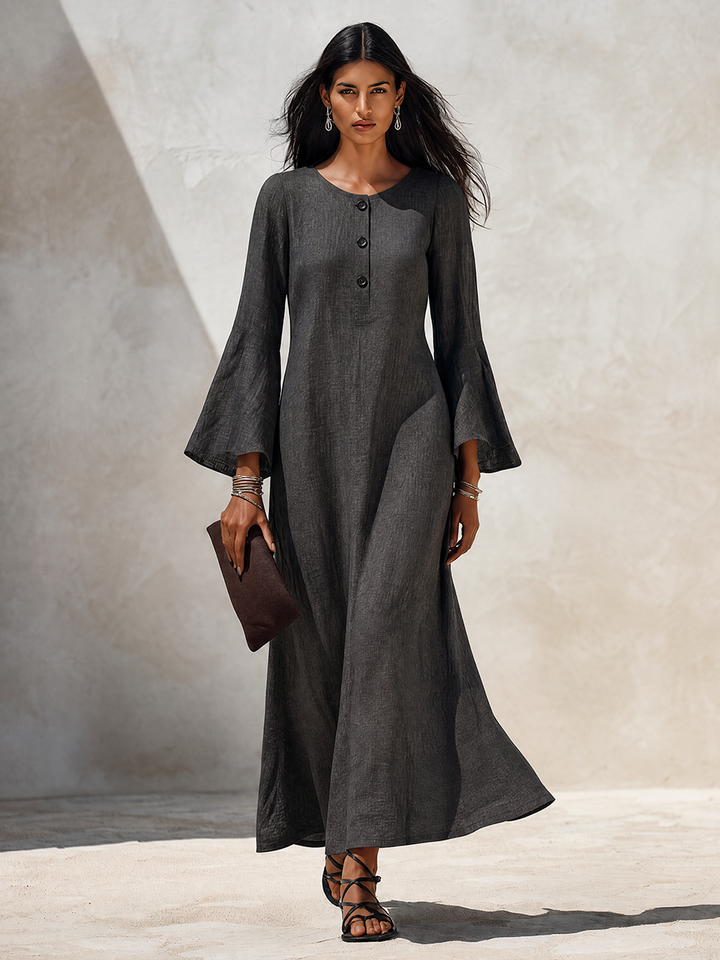 Women's Minimalist Solid‑Dark‑Grey Linen‑Blend Flared‑Sleeve Maxi Dress MDZ1593G8ZRK