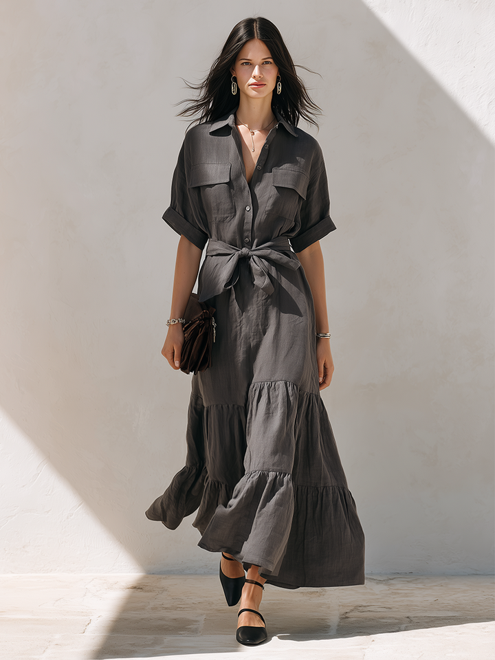 Women's Minimalist Solid‑Dark‑Grey Linen‑Blend Shirt‑Style Maxi Dress MDZ1576G4ZRK