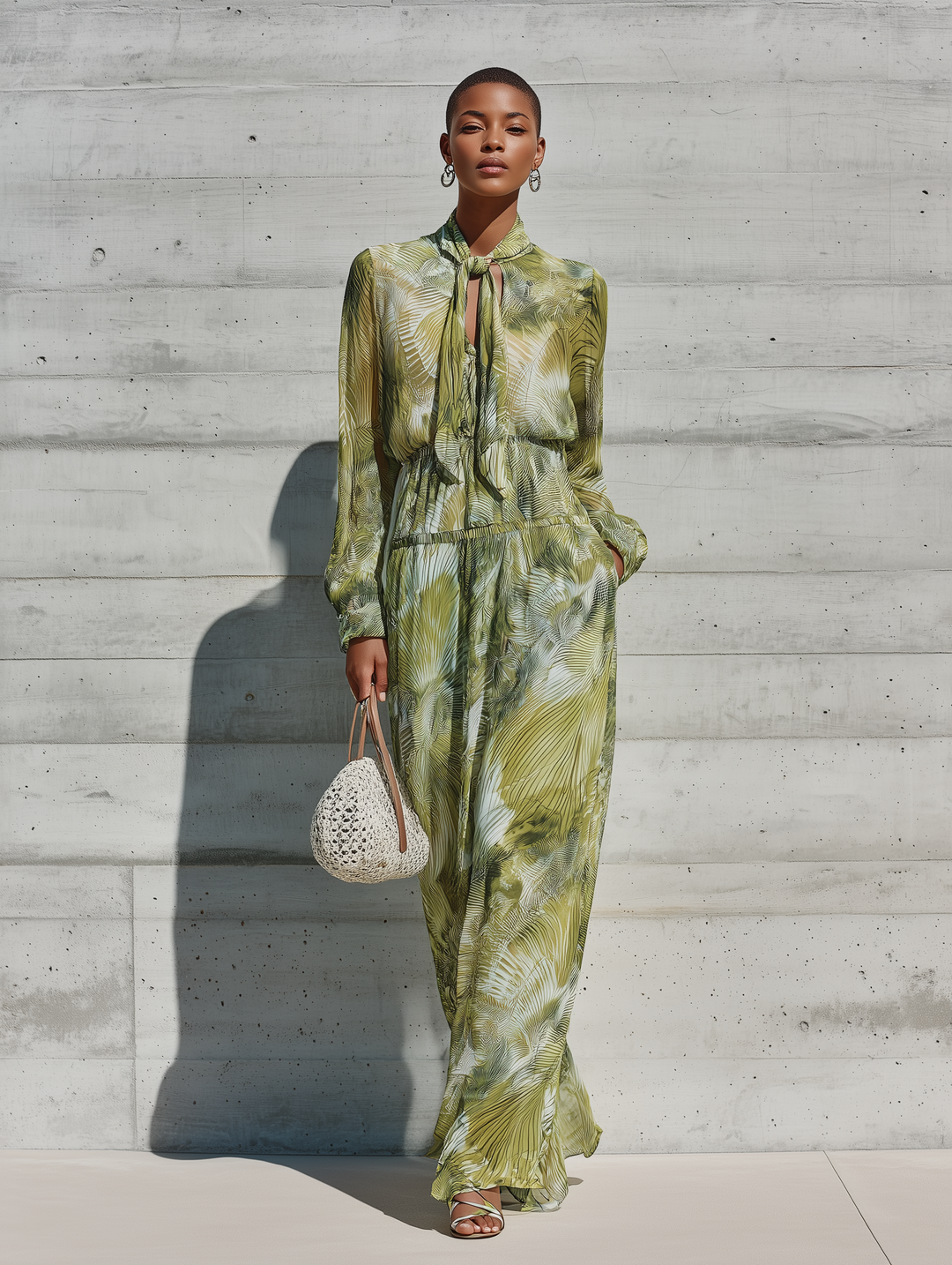 Women's Green Palm Leaf Print Chiffon Tie Neck Long Sleeve Drawstring Waist Side Pocket Maxi Dress MDZ1533G2YZJ