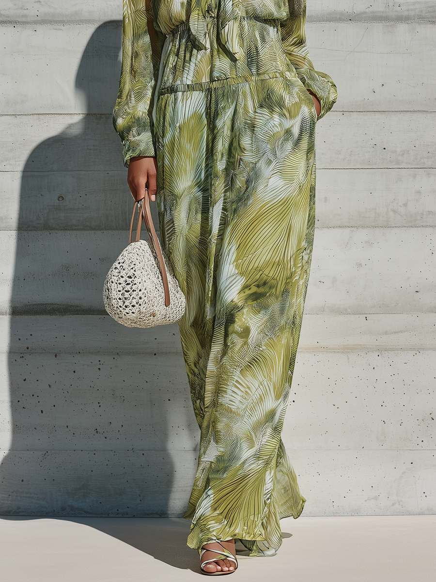 Women's Green Palm Leaf Print Chiffon Tie Neck Long Sleeve Drawstring Waist Side Pocket Maxi Dress MDZ1533G2YZJ