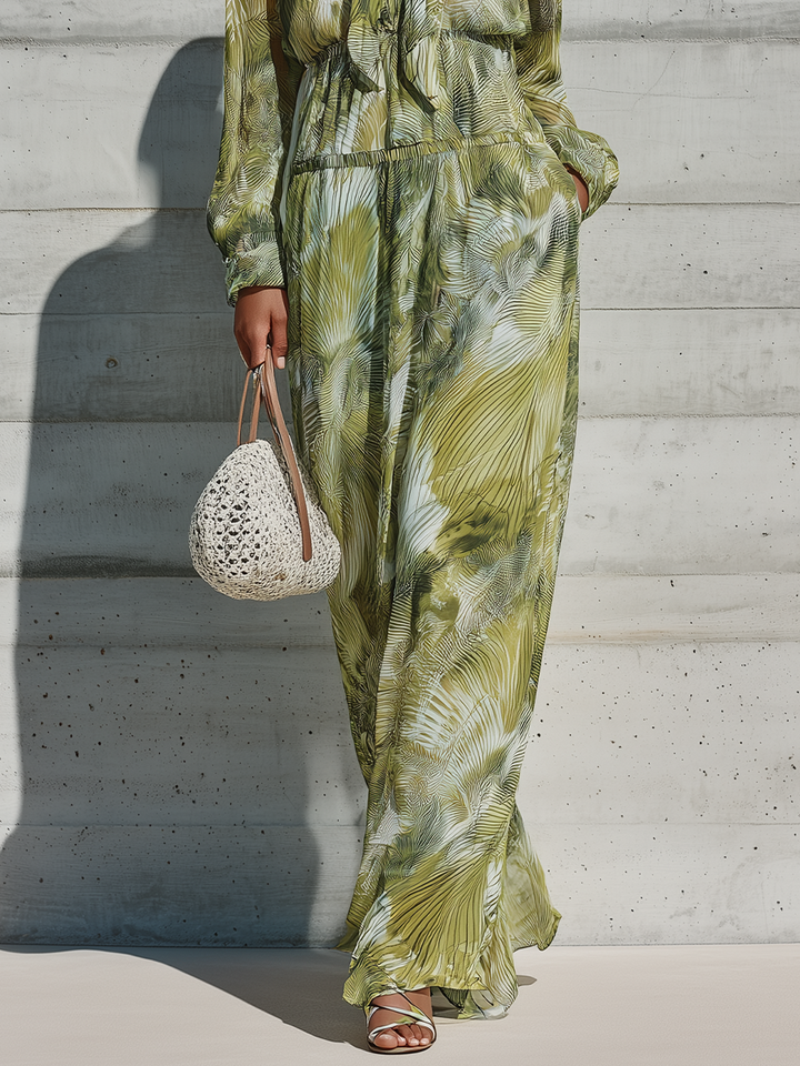 Women's Green Palm Leaf Print Chiffon Tie Neck Long Sleeve Drawstring Waist Side Pocket Maxi Dress MDZ1533G2YZJ