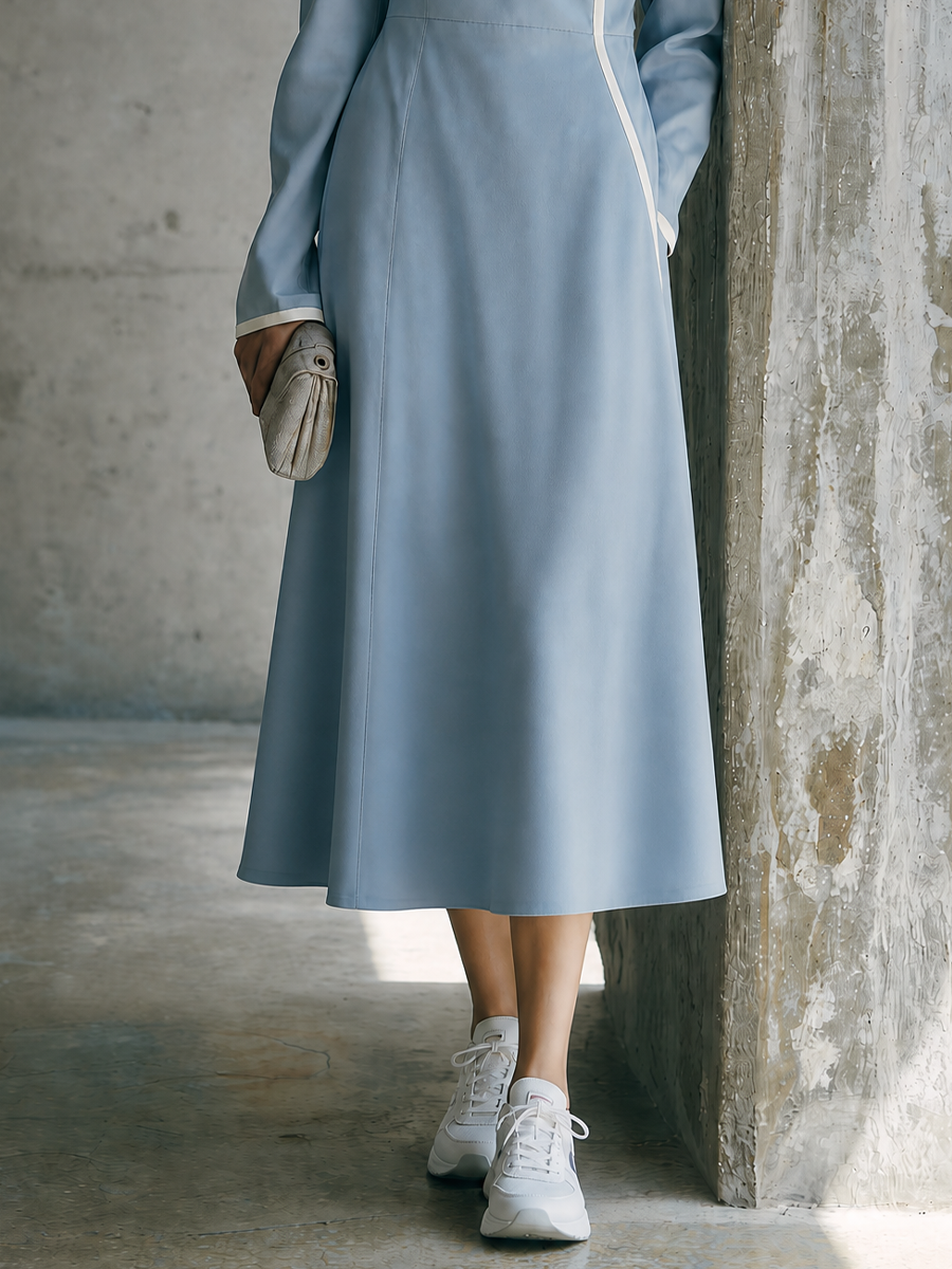 Women's Casual Commuting Light Blue Cotton Blend Wrap V Neck Contrast Trim Waisted Long Sleeve Midi Dress MDZ1528G0GMJ