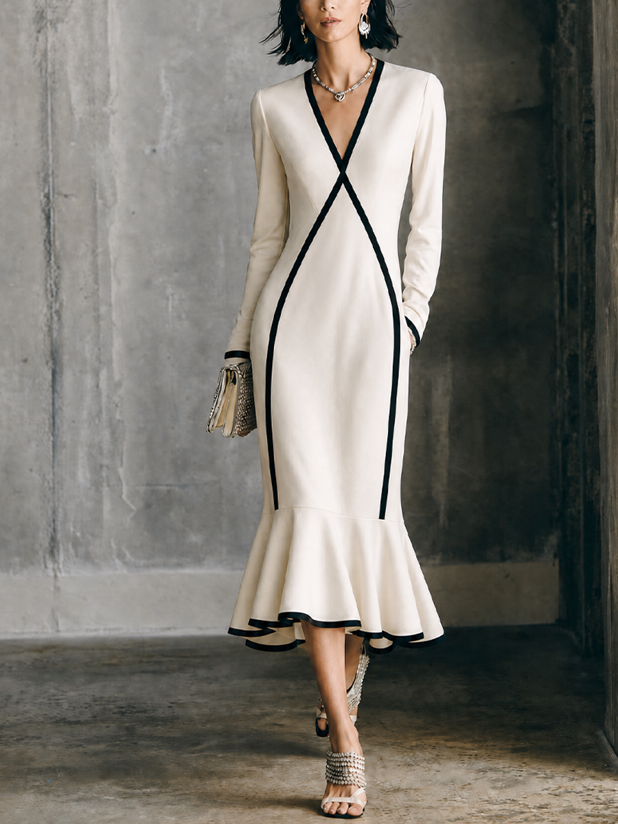 Women's Luxury Commuter Off White Cotton Blend V Neck Contrast Binding Flared Long Sleeve Midi Dress MDZ1529G7GMJ