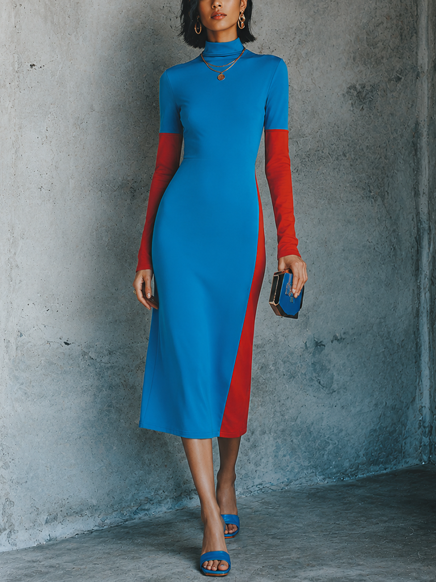 Women's Trendy Bright Blue Spliced Red Cotton Blend Turtleneck Color Block Slim Midi Dress MDZ1520G7GMJ