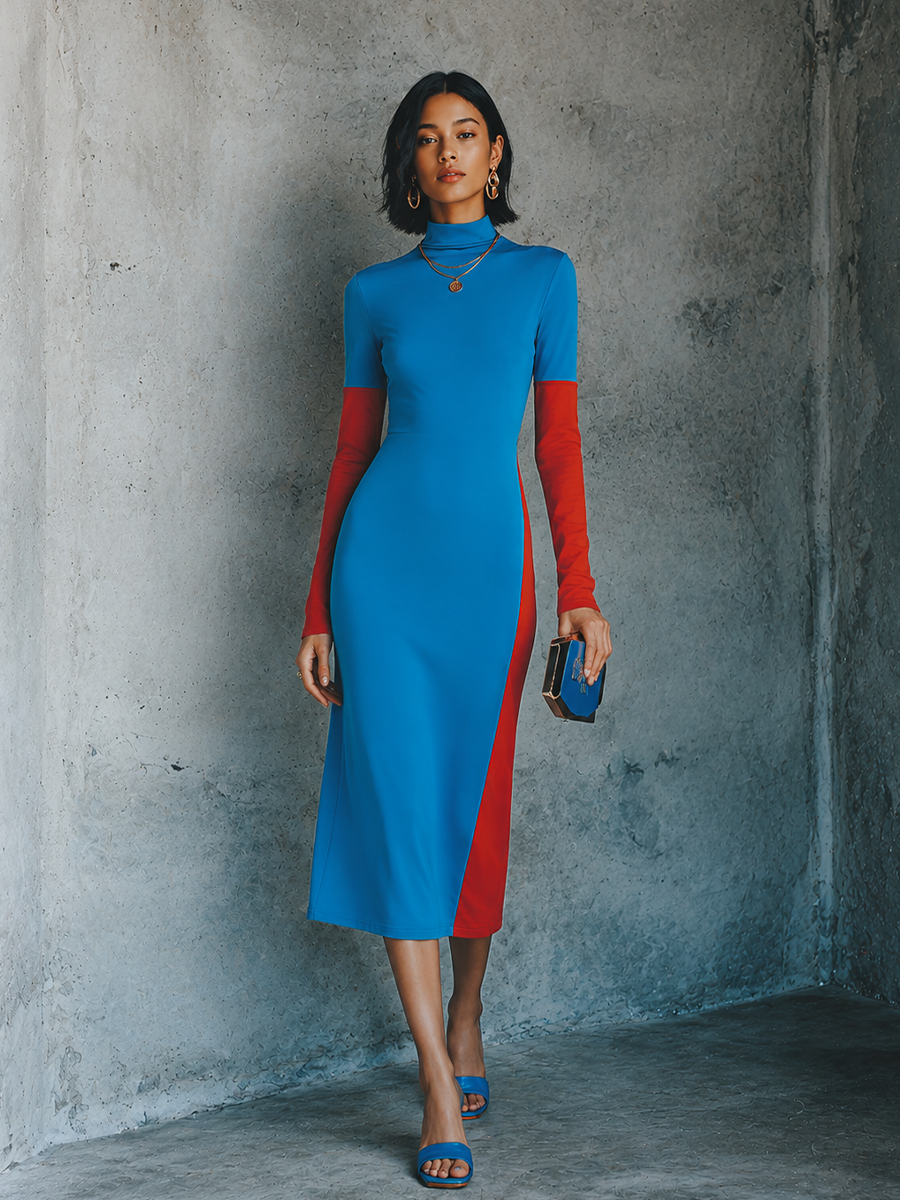 Women's Trendy Bright Blue Spliced Red Cotton Blend Turtleneck Color Block Slim Midi Dress MDZ1520G7GMJ