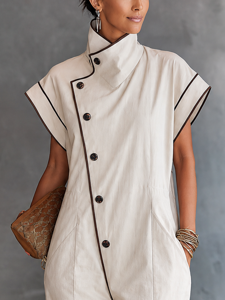 Women's Minimal Workwear Off White Cotton Blend Asymmetric Stand Collar Contrast Binding Full Length Jumpsuit MDZ1582G3GMJ