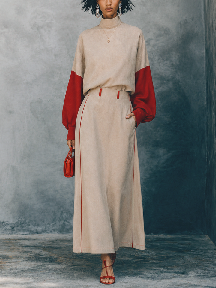 Women's Retro Casual Light Khaki Cotton Linen And Red Knit Cotton Blend High Neck Color Block Sleeve Long Sleeve Full Length Pants Set MDZ1511G0GMJ
