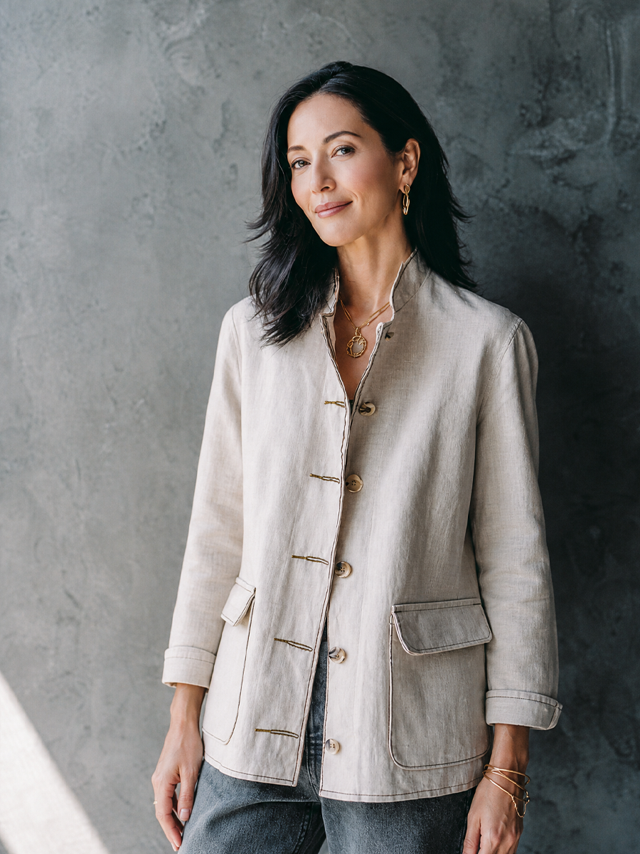Women's Simple Commuter Off White Cotton Linen Stand Collar Contrast Stitched Patch Pockets Jacket MDZ1566G2GMJ