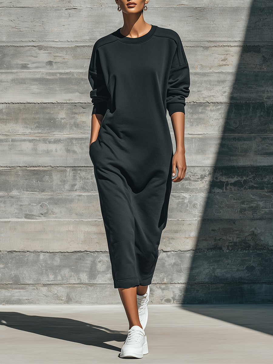 Women's Solid Black Soft Cotton Blend Sweat Midi Gown With Drop Shoulder Long Sleeves & Ribbed Cuff Hem, Effortless-Chic Loungewear Loose Midi Dress MDZ1613G9LYL