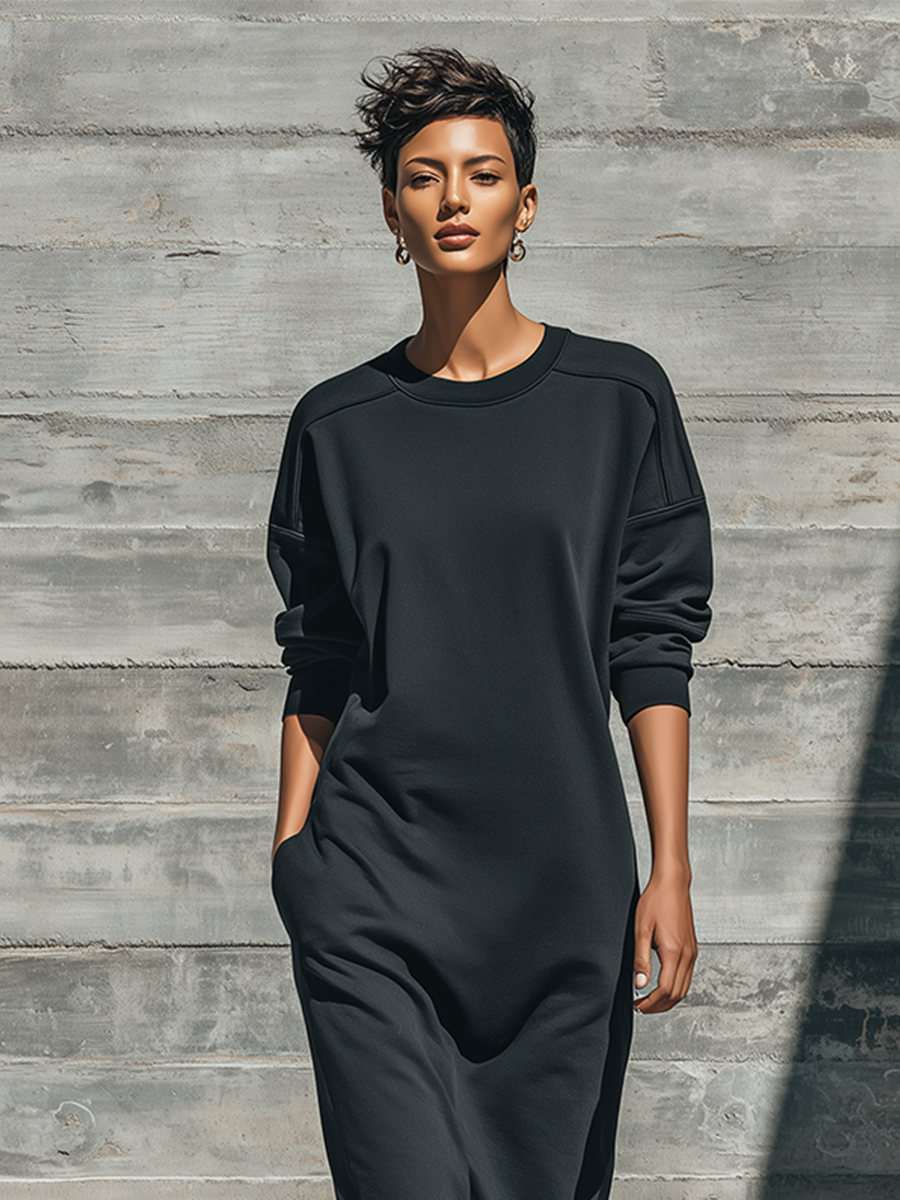 Women's Solid Black Soft Cotton Blend Sweat Midi Gown With Drop Shoulder Long Sleeves & Ribbed Cuff Hem, Effortless-Chic Loungewear Loose Midi Dress MDZ1613G9LYL
