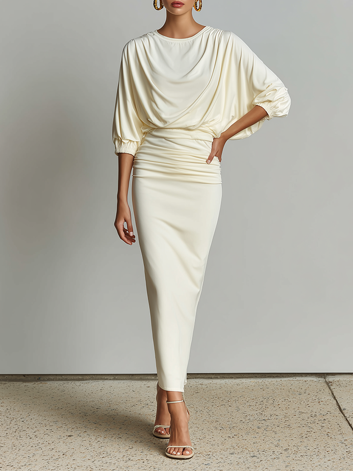 Women's Solid Off White Cotton-Blend Co-Ord With Elastic Cuff Three Quarter Sleeve Top & Bodycon Ruched Waist Midi Skirt, Chic Formal Evening Two-Piece Set MDZ1644G4LYL