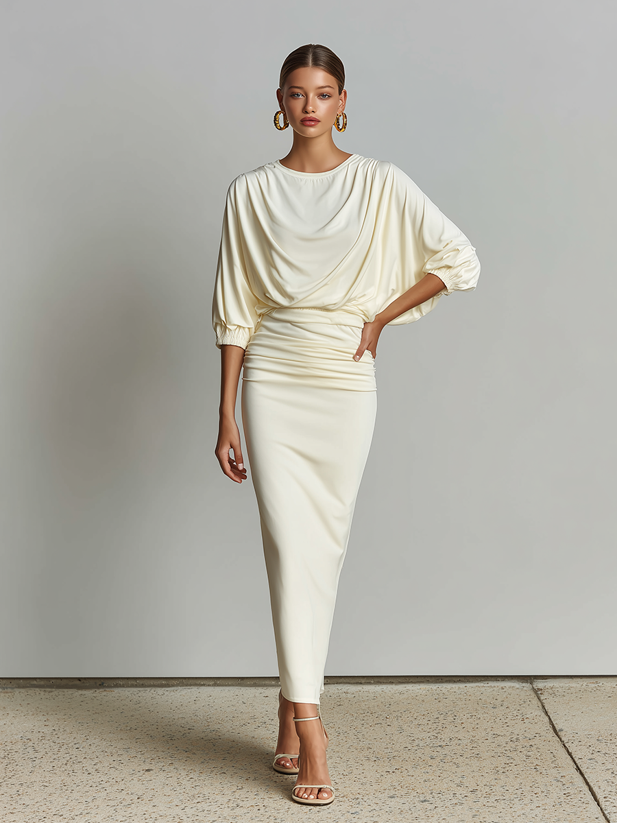 Women's Solid Off White Cotton-Blend Co-Ord With Elastic Cuff Three Quarter Sleeve Top & Bodycon Ruched Waist Midi Skirt, Chic Formal Evening Two-Piece Set MDZ1644G4LYL