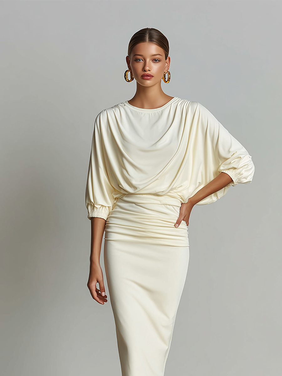 Women's Solid Off White Cotton-Blend Co-Ord With Elastic Cuff Three Quarter Sleeve Top & Bodycon Ruched Waist Midi Skirt, Chic Formal Evening Two-Piece Set MDZ1644G4LYL