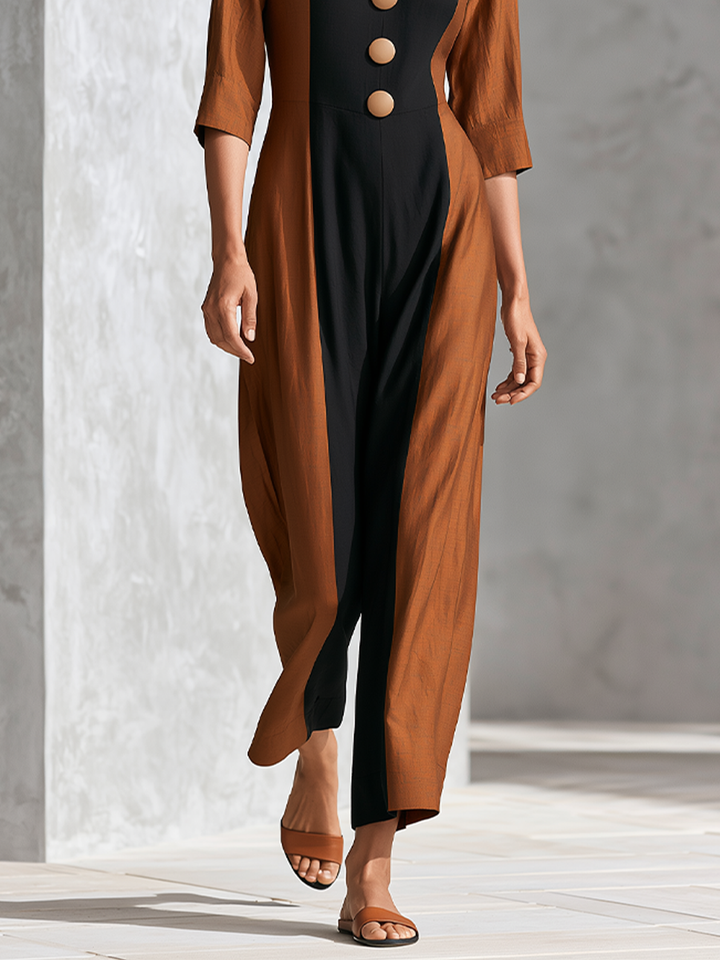 Women's Burnt Orange Black Color Block Jumpsuit With Mid Sleeve & Straight Ankle Cut, Minimalist Elegant Three Quarter Sleeve Ankle Jumpsuit MDZ1626G5LYL