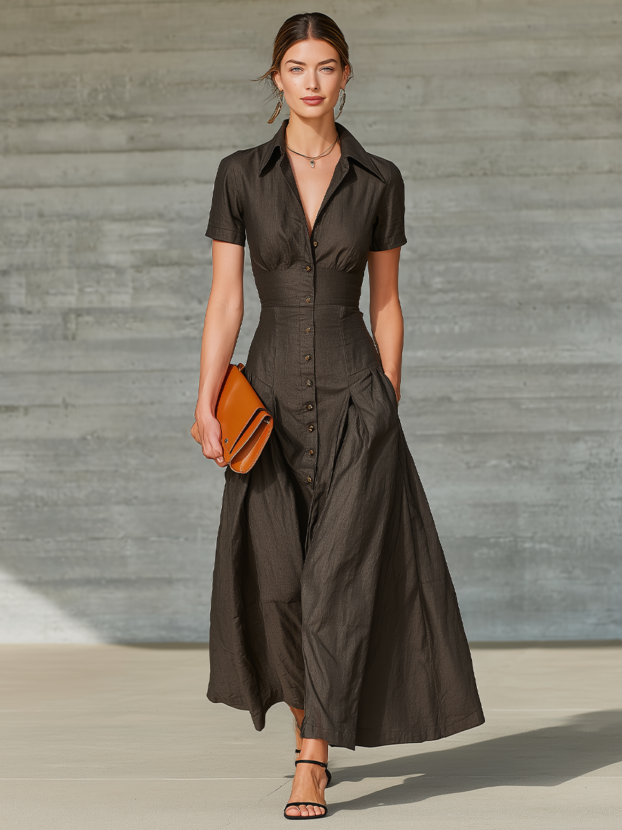 Women's Dark Brown Linen Blend Maxi Shirt Dress With Turn-Down Collar & Side Pockets, Elegant Waist-Cinched A-Line Long Dress MDZ1698G0LYL