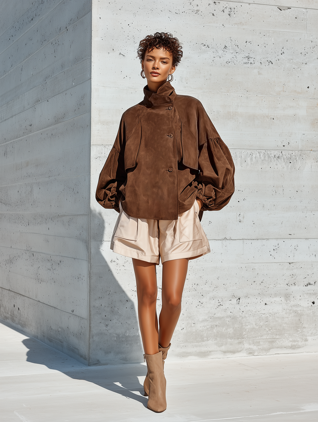 Women's Brown Faux Suede Stand Collar Puff Gathered Cuff Oversized Jacket MDZ1693G6YZJ