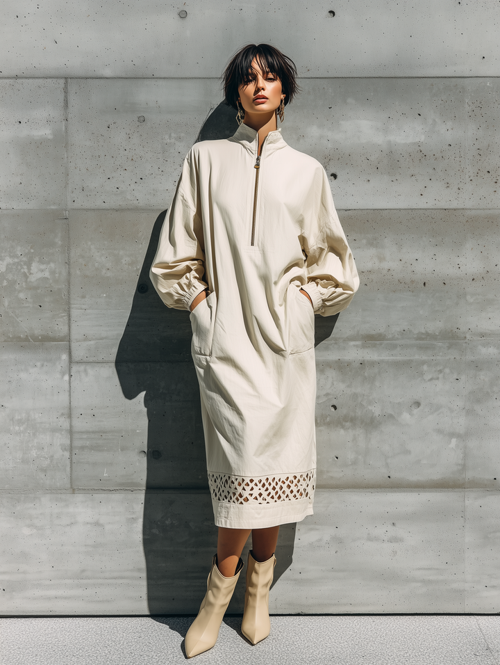 Women's Off White Cotton Blend Stand Collar Half Zip Balloon Elastic Cuff Side Pocket Cutout Hem Midi Dress MDZ1616G9YZJ
