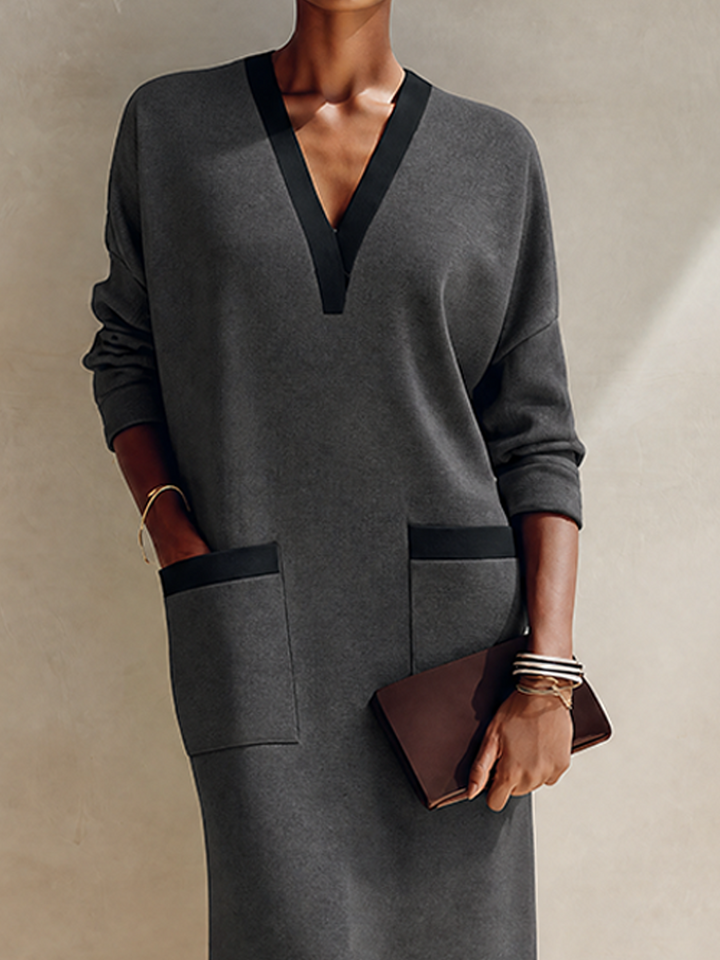 Women's Minimalist Dark Grey Knit V-Neck Contrast Trim Midi Dress MDZ1636G1ZRK