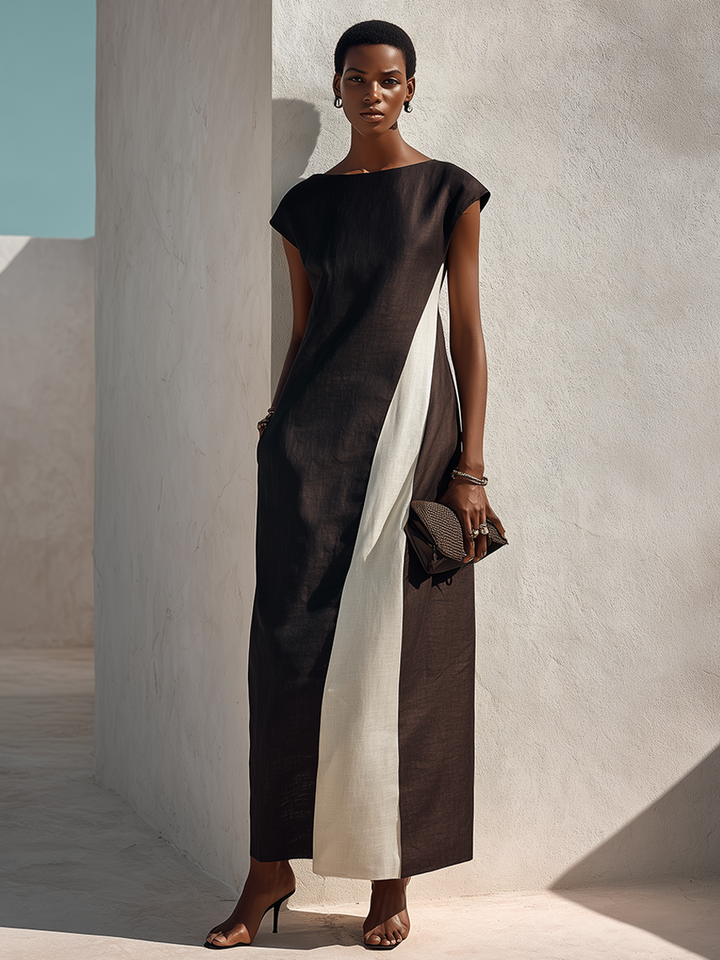 Women's Minimalist Black & White Color Block Cap Sleeve Maxi Dress MDZ1635G7ZRK