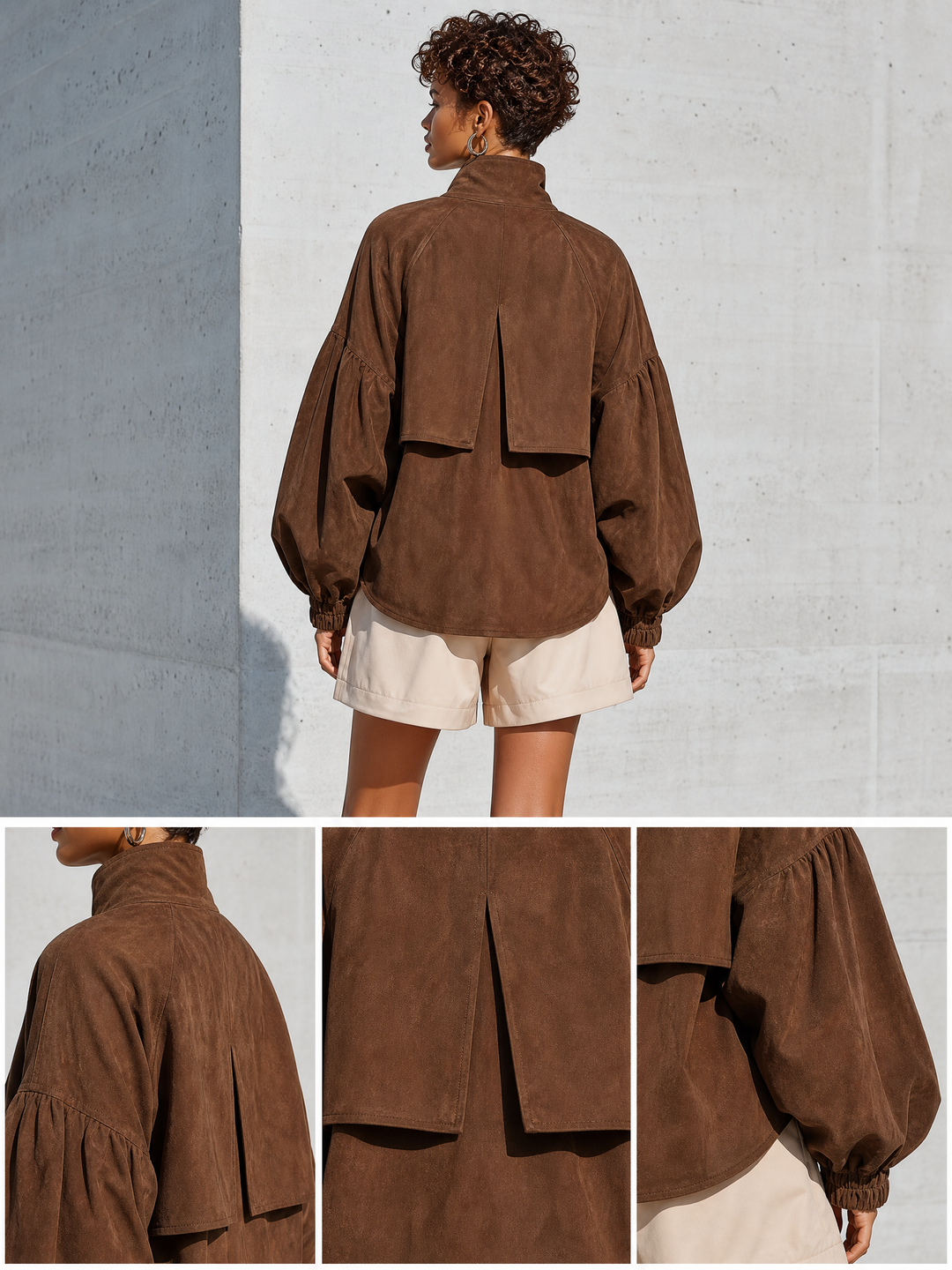 Women's Brown Faux Suede Stand Collar Puff Gathered Cuff Oversized Jacket MDZ1693G6YZJ