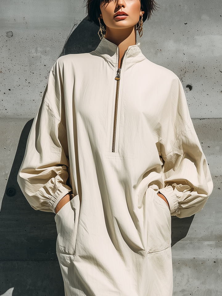 Women's Off White Cotton Blend Stand Collar Half Zip Balloon Elastic Cuff Side Pocket Cutout Hem Midi Dress MDZ1616G9YZJ