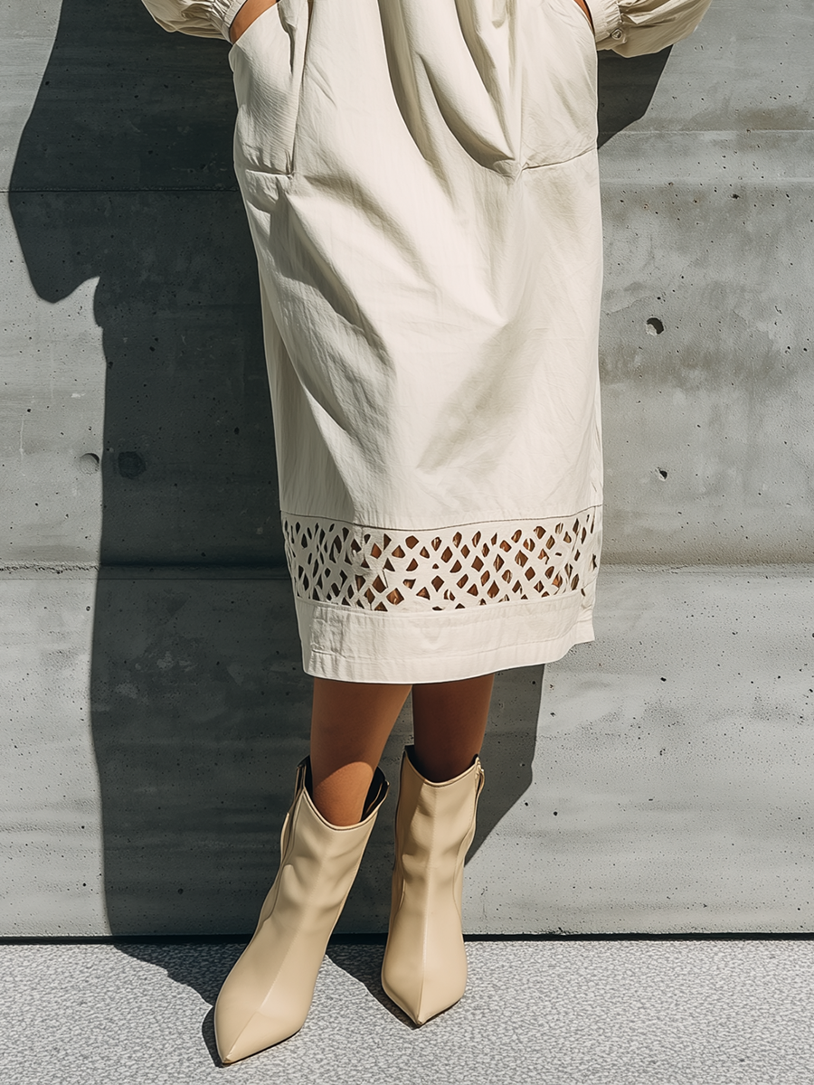Women's Off White Cotton Blend Stand Collar Half Zip Balloon Elastic Cuff Side Pocket Cutout Hem Midi Dress MDZ1616G9YZJ