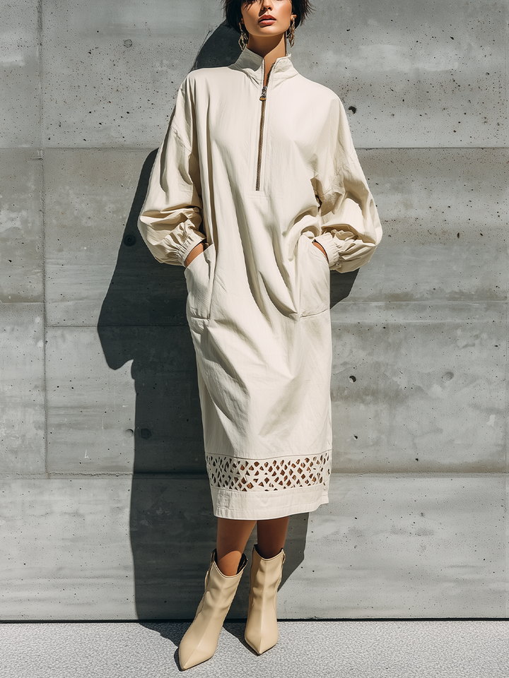Women's Off White Cotton Blend Stand Collar Half Zip Balloon Elastic Cuff Side Pocket Cutout Hem Midi Dress MDZ1616G9YZJ