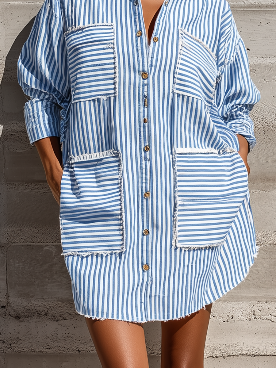 Women's Blue White Vertical Stripe Frayed Trim Collared Long Sleeve Multi Pocket Oversized Mini Shirt Dress MDZ1631G9YZJ