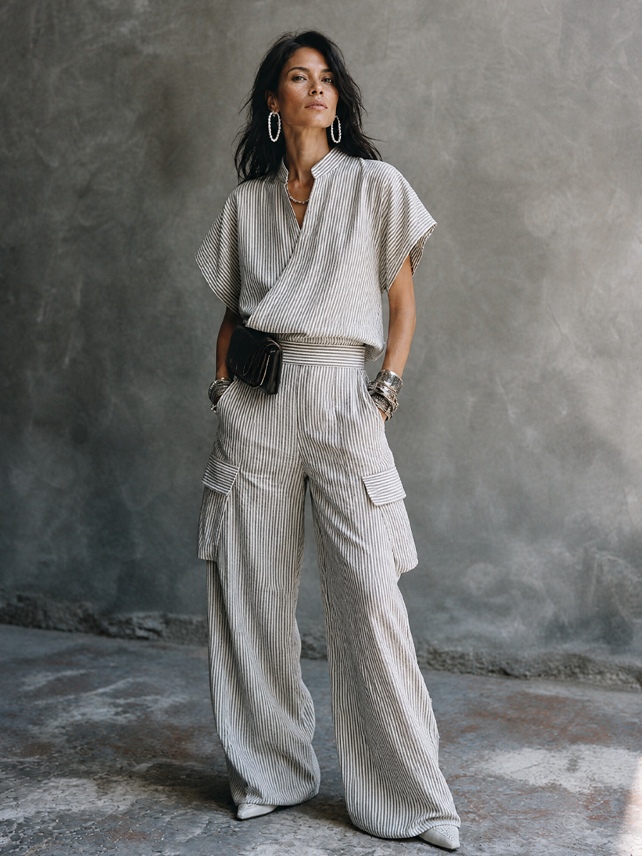 Gray White Striped Set