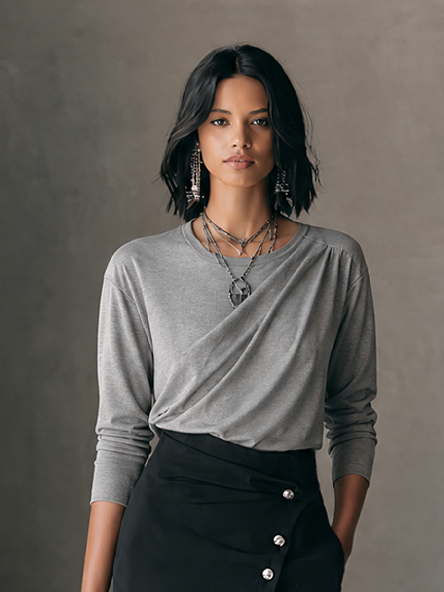 Women's Elegant Commuter Gray Black Cotton Blend Draped Top Asymmetric Button Slit Midi Skirt Set MDZ1631G6GMJ