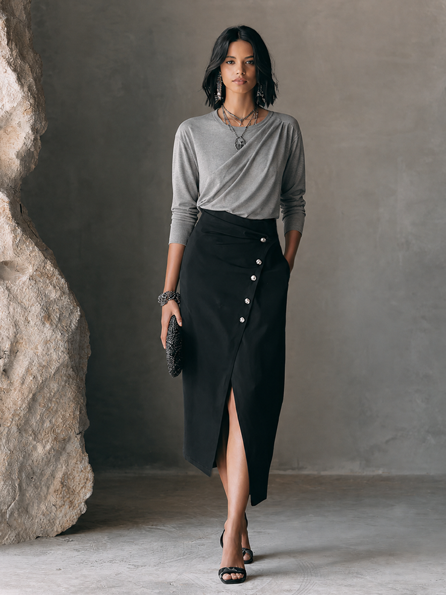 Women's Casual Elegant Heather Gray Knit Cotton Blend Draped Twist Front Long Sleeve Top MDZ1665G2GMJ