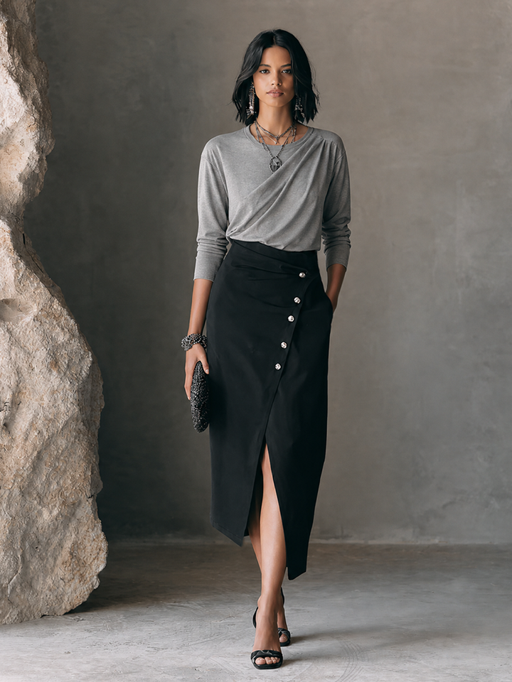 Women's Casual Elegant Heather Gray Knit Cotton Blend Draped Twist Front Long Sleeve Top MDZ1665G2GMJ
