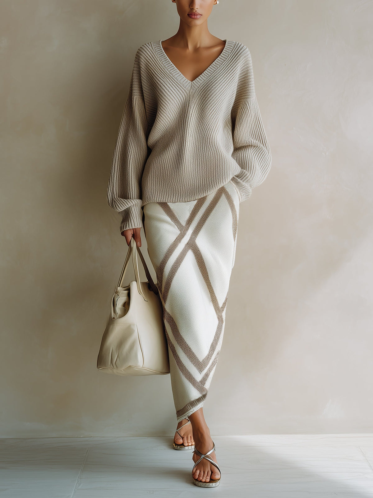 Geometric Knit Sweater & Skirt Set