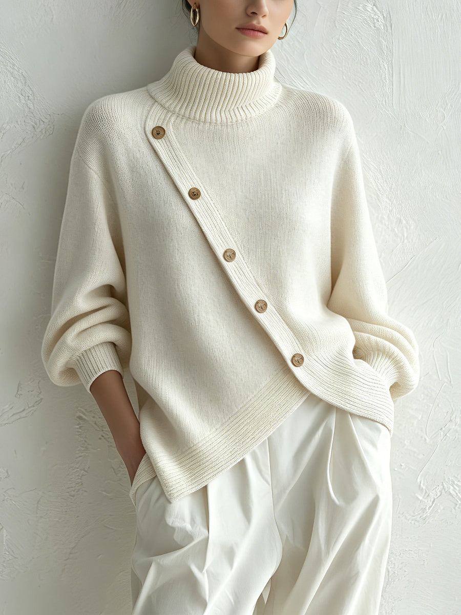 Diagonal Button Turtleneck Knit Sweater