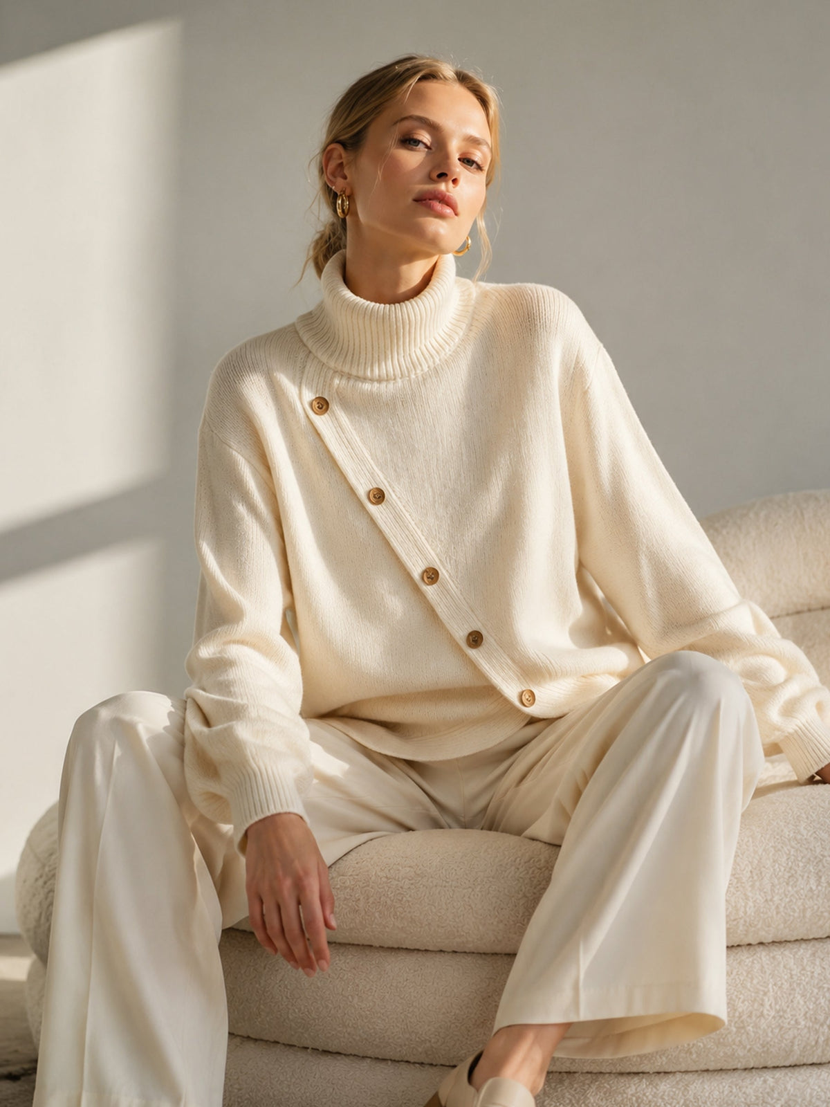 Diagonal Button Turtleneck Knit Sweater