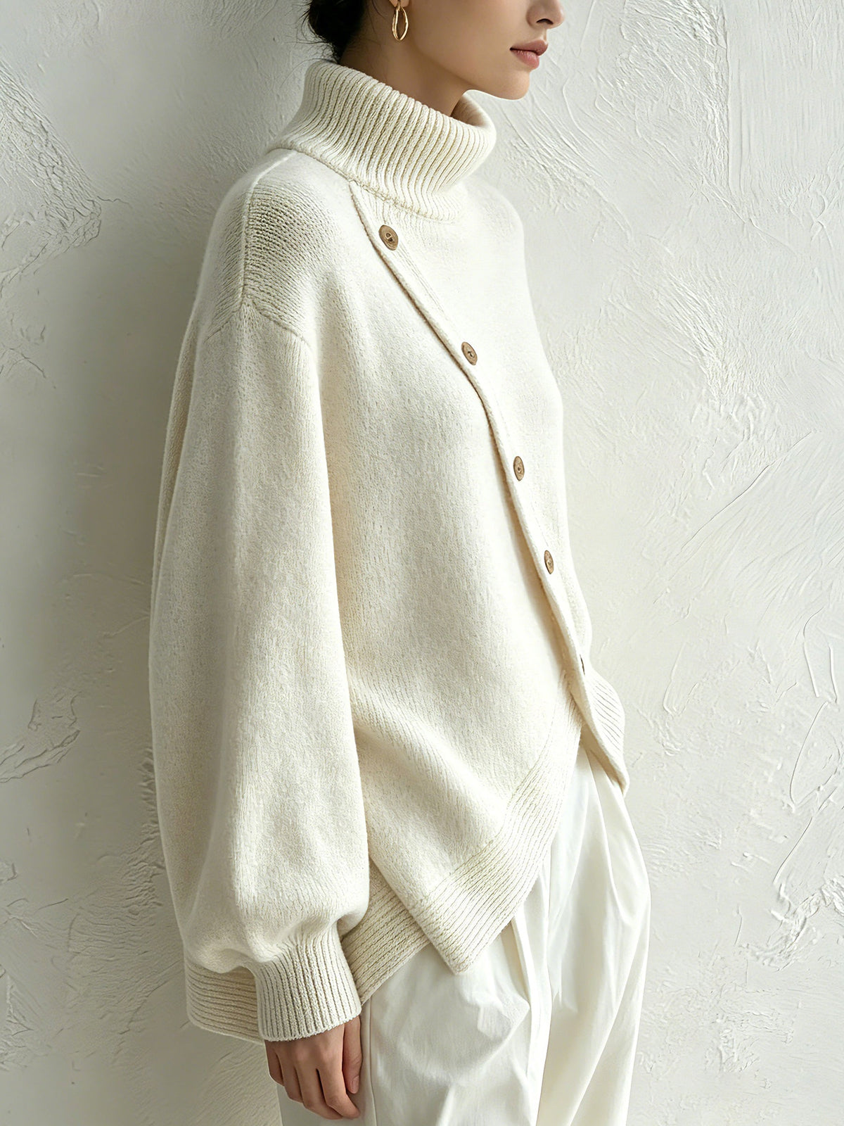 Diagonal Button Turtleneck Knit Sweater