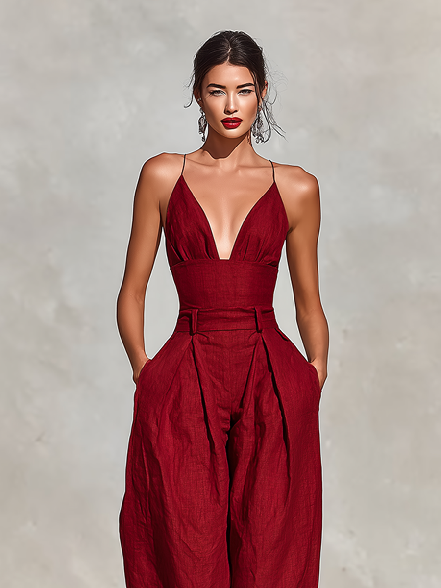 Red Linen Jumpsuit