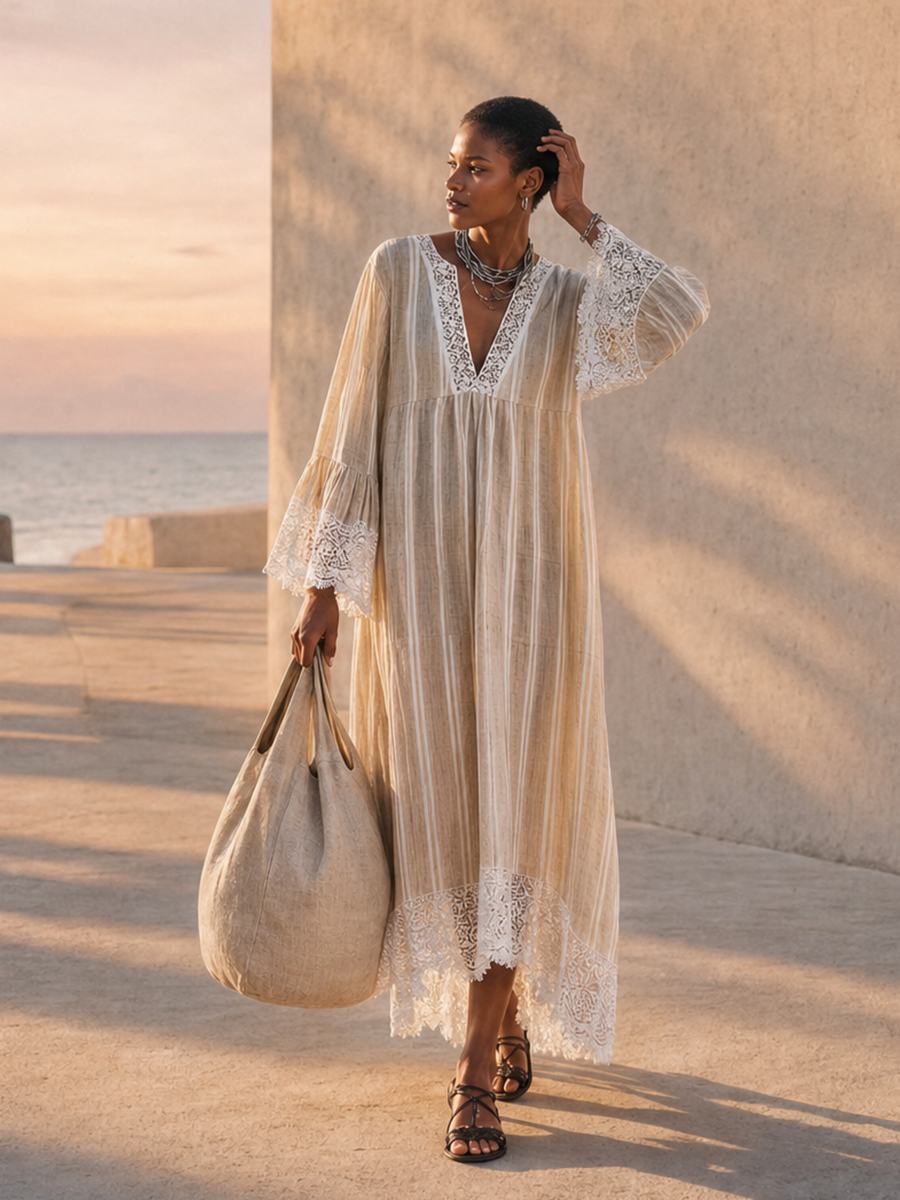 Beige Stripe Maxi Dress
