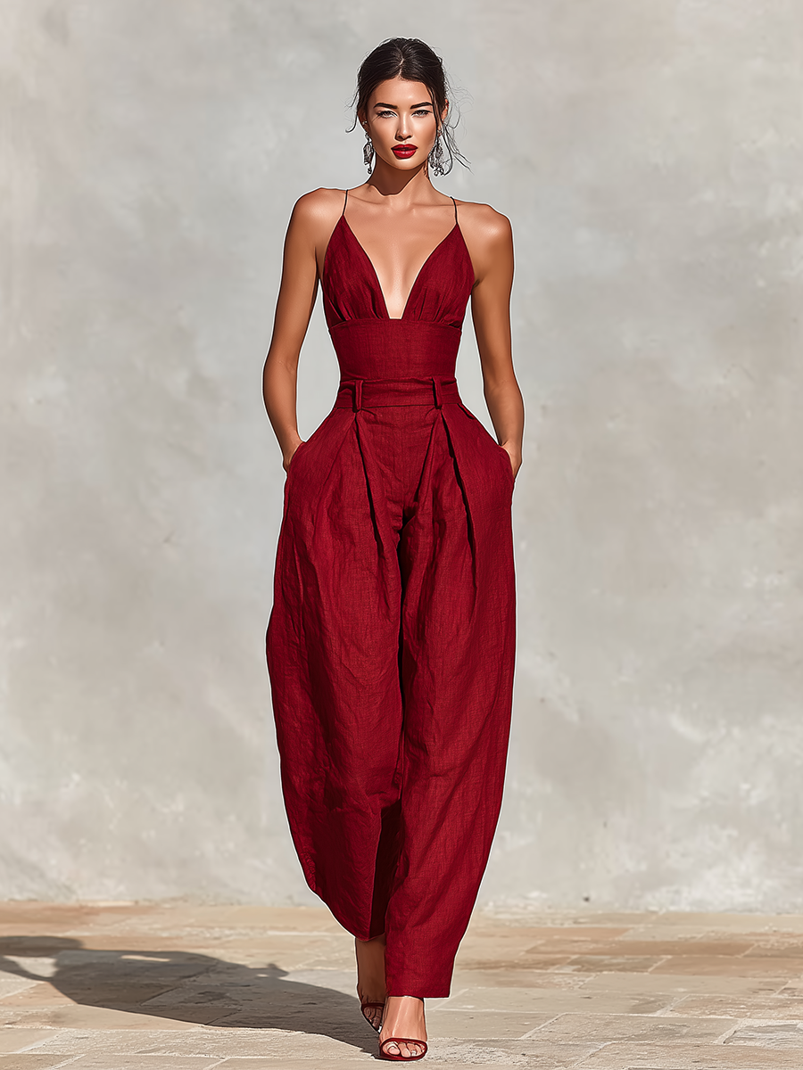 Red Linen Jumpsuit