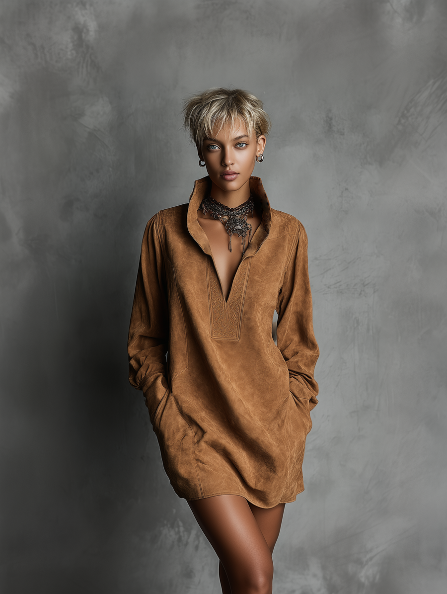 V-Neck Suede Dress